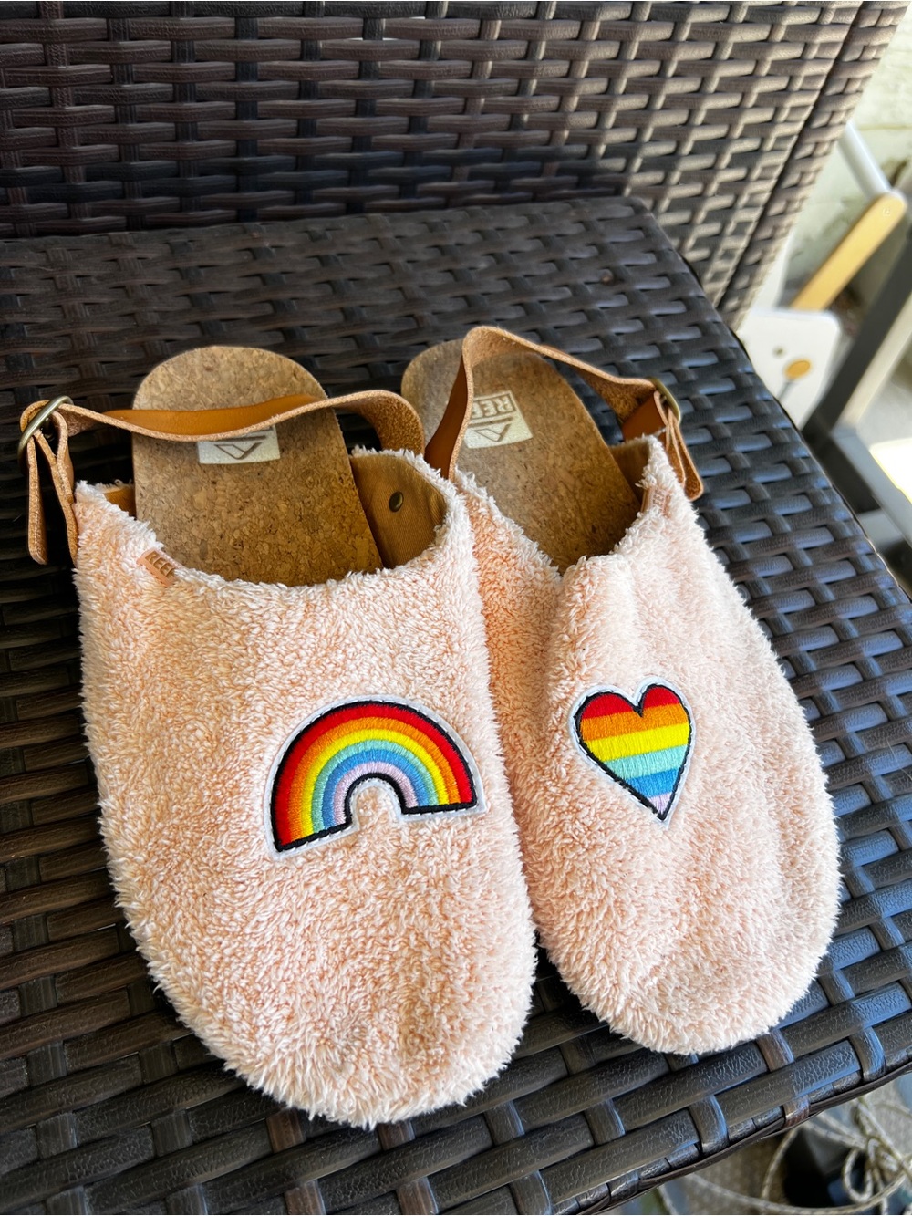 Reef Peach Terry Cloth Slide Sandals with Rainbow & Heart Patches